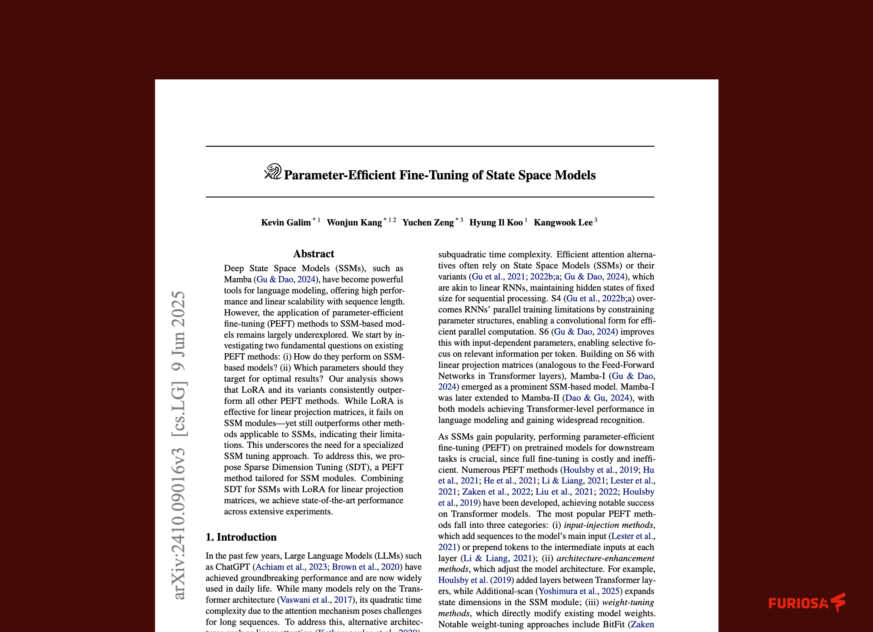 The first page of the Parameter-Efficient Fine-Tuning of State Space Models paper